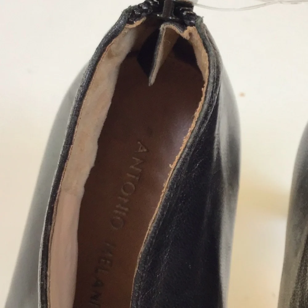 Antonio Melani Black Leather Zipper Back  Ruched Open Toe‎ High Heels 8.5